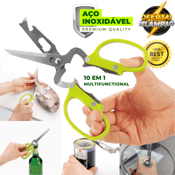 Tesoura Multifuncional de aço inoxidável 10 em 1 corta, abridor de garrafa, nutcracker, ferramentas e muito mais